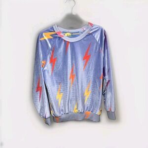 Aviator Nation Sweater Blue Velour Thunder LightBolt Medium Pullover Sweatshirt
